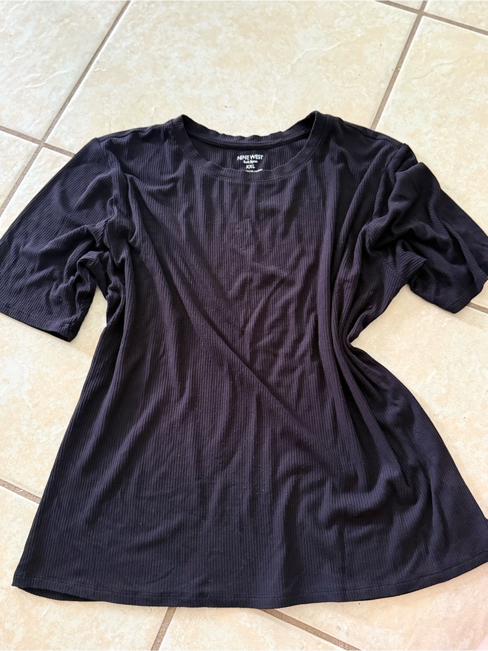 Nine West Black Ribbed Short Sleeve Crewneck Top